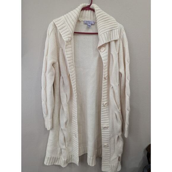 Ivory duster fisherman cardigan w/ rectangular collar & buttons Nine & Co, L - Picture 1 of 8